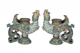 A PAIR OF CLOISONNE ENAMEL MODELS OF STYLISED MYTHICAL BIRDS