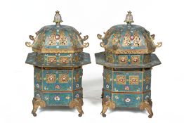 A PAIR OF CLOISONNE ENAMEL PAGODA FORM CENSERS