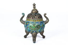 A CLOISONNE ENAMEL TWIN HANDLED TRIPOD CENSER