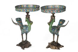 A PAIR OF CLOISONNE ENAMEL PHOENIX AND TORTOISE STANDS