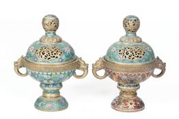 A PAIR OF CLOISONNE ENAMEL TWIN HANDLED CENSERS