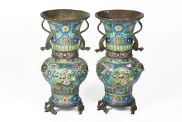 A PAIR OF CLOISONNE ENAMEL TWIN HANDLED VASES