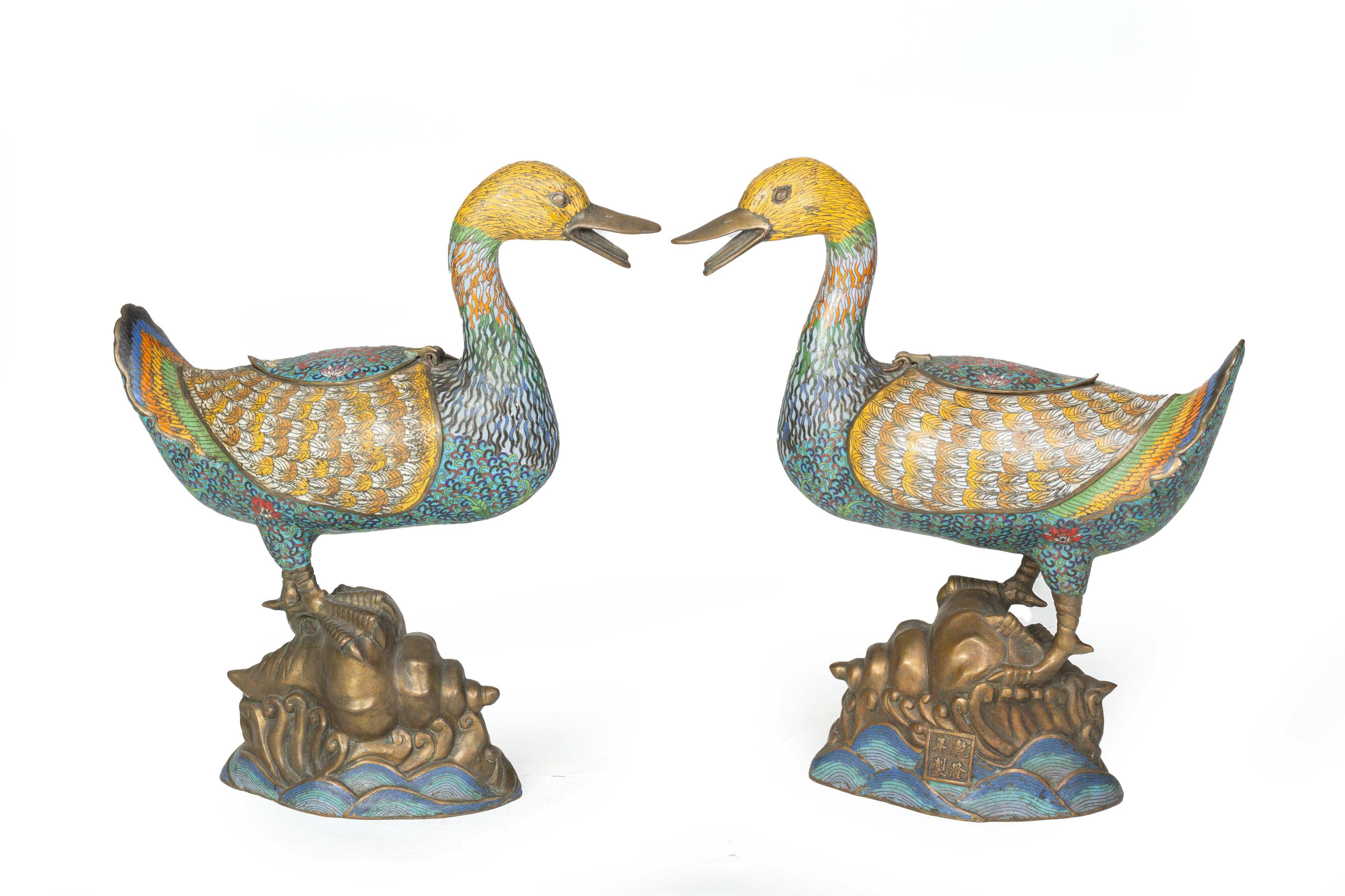 A PAIR OF LARGE CLOISONNE ENAMEL MODELS OF DUCKS