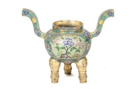 A CLOISONNE ENAMEL TWIN HANDLED TRIPOD CENSER