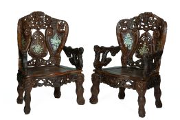 A PAIR OF MOTHER OF PEARL INLAID CARVED HARDWOOD ARMCHAIRS