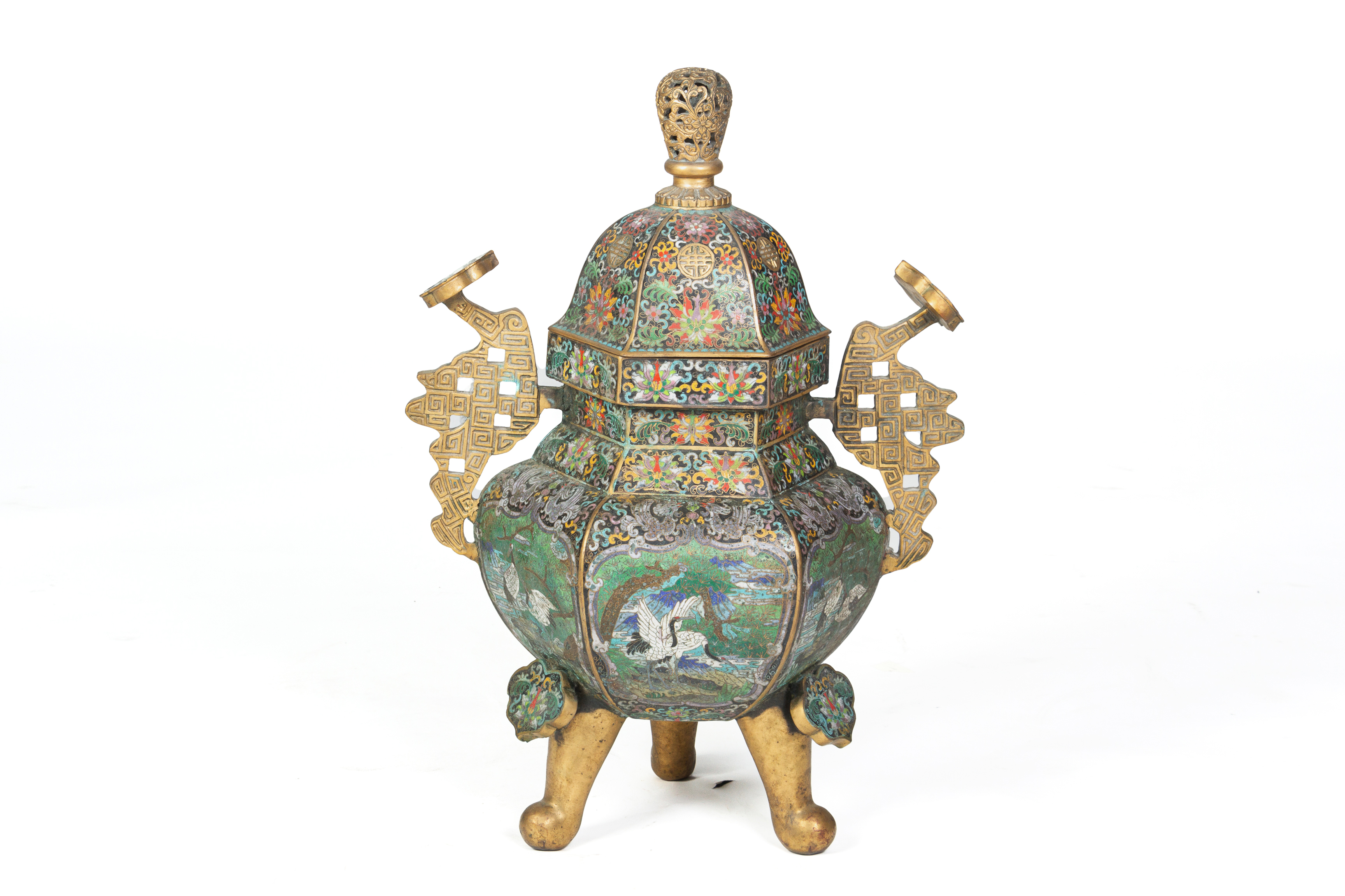 A CLOISONNE ENAMEL TWIN HANDLED TRIPOD CENSER