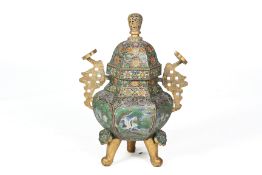 A CLOISONNE ENAMEL TWIN HANDLED TRIPOD CENSER