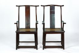 A PAIR OF CHINESE HARDWOOD OFFICIAL'S HAT ARMCHAIRS