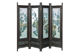A HARDWOOD AND PORCELAIN INSET FOUR FOLD SCREEN