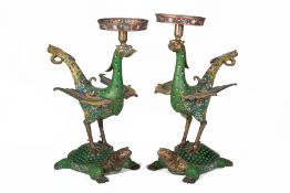 A PAIR OF CLOISONNE ENAMEL GILT PHOENIX AND TORTOISE STANDS