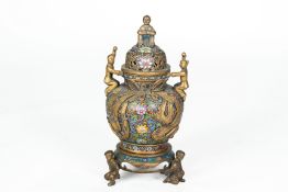 A CLOISONNE ENAMEL TWIN HANDLED CENSER ON STAND