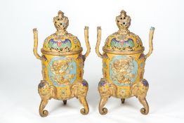 A PAIR OF LARGE CLOISONNE ENAMEL CENSERS AND COVERS