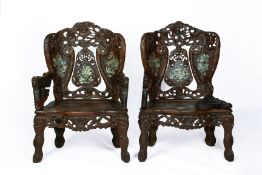 A PAIR OF MOTHER OF PEARL INLAID CARVED HARDWOOD ARMCHAIRS