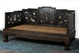 A VERY LARGE HARDSTONE INLAID HARDWOOD DAYBED