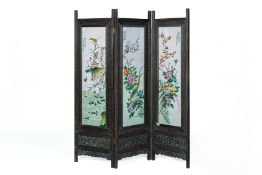 A CHINESE THREE FOLD PORCELAIN INSET SCREEN