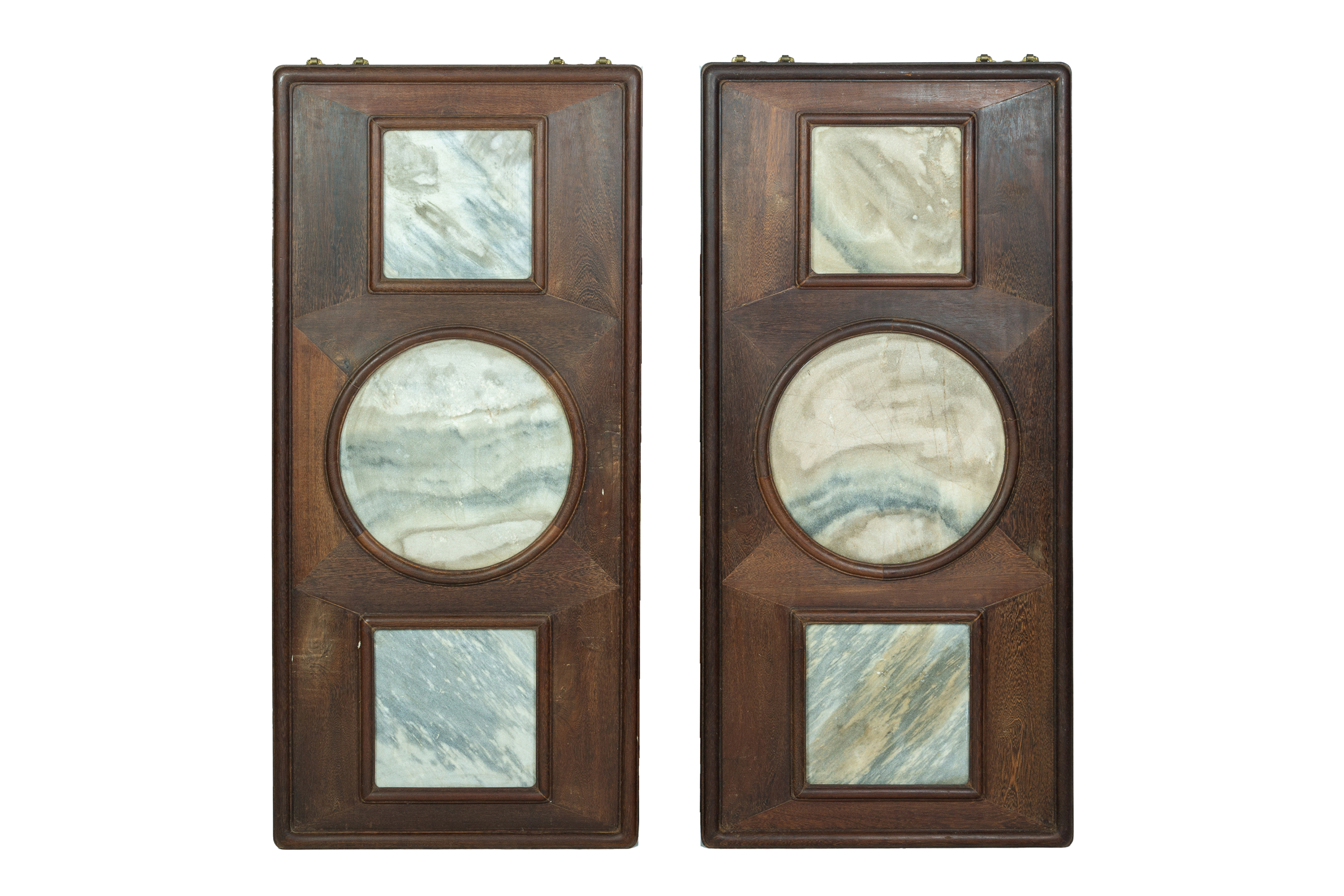 A PAIR OF MARBLE INSET CHICKEN WING WOOD PANELS