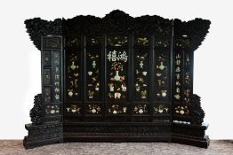 A VERY LARGE CARVED AND HARDSTONE INLAID SCREEN