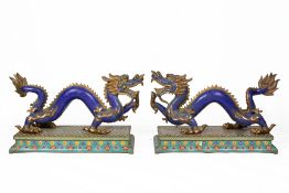 A PAIR OF LARGE CLOISONNE ENAMEL MODELS OF DRAGONS