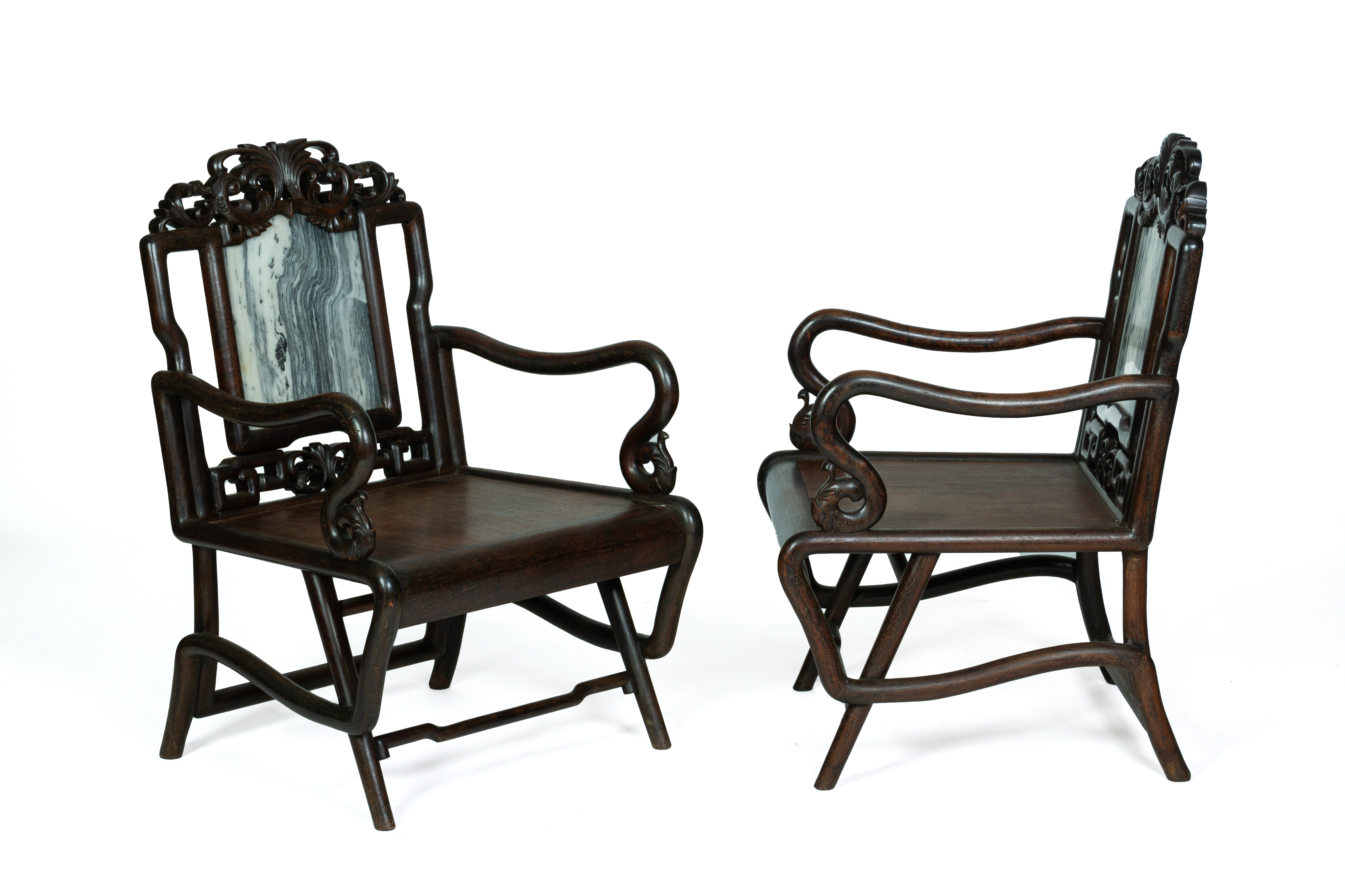 A PAIR OF CARVED HARDWOOD AND MARBLE INSET ARMCHAIRS - Image 2 of 3