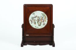 A CHINESE HARDWOOD AND PORCELAIN INSET TABLE SCREEN