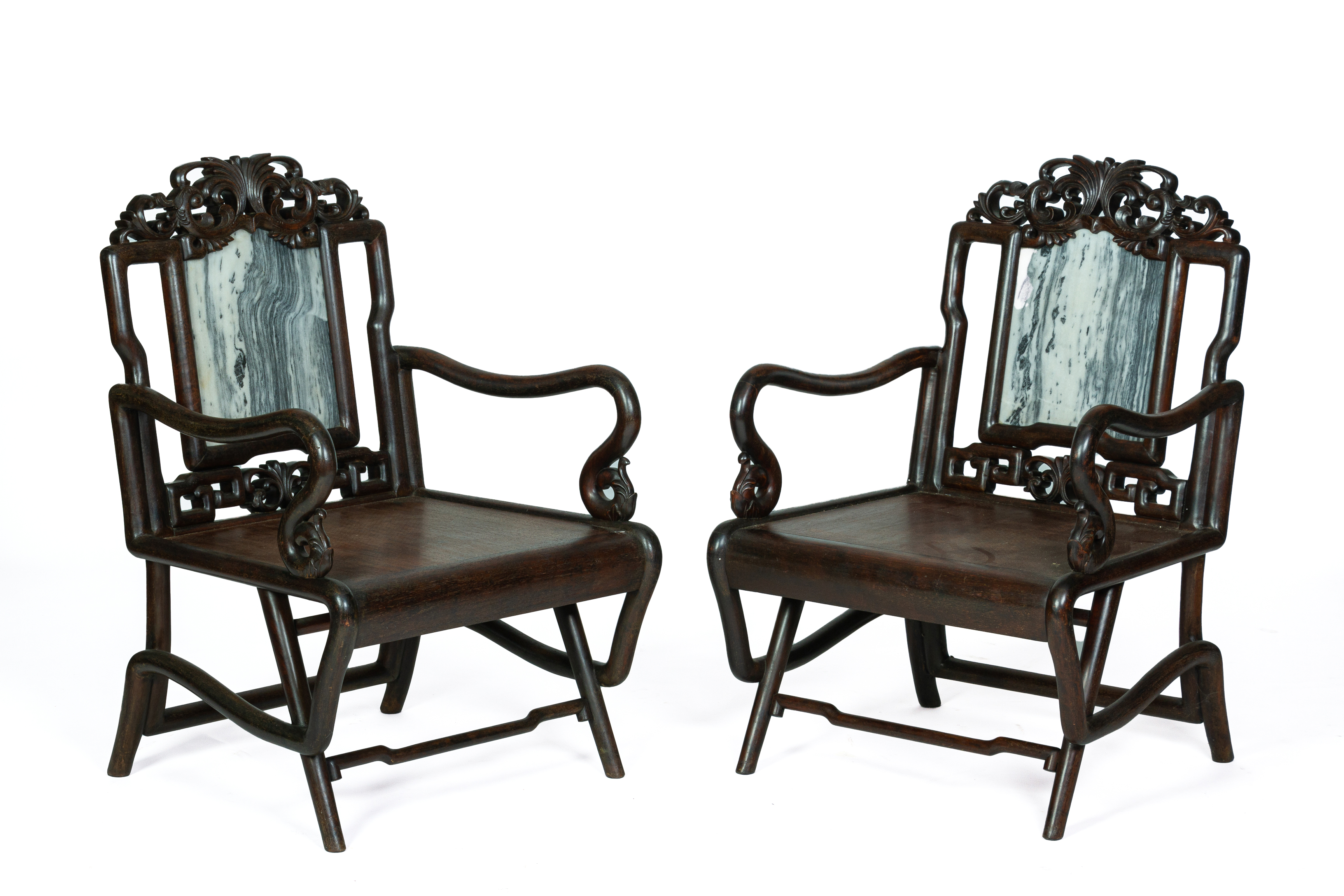 A PAIR OF CARVED HARDWOOD AND MARBLE INSET ARMCHAIRS