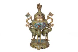 A VERY LARGE CLOISONNE ENAMEL TRIPOD CENSER