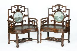 A PAIR OF LARGE MARBLE INSET AND HARDWOOD ARMCHAIRS