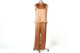 A SHANGHAI TANG ORANGE/BROWN COLLARED TOP AND TROUSER SET