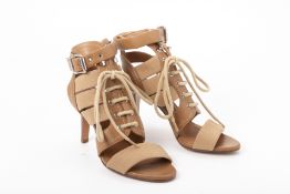 A PAIR OF CHLOE BROWN CANVAS LEATHER HEELED SANDALS EU35.5