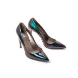 A PAIR OF MIU MIU PAVONE PATENT HEELS EU38.5