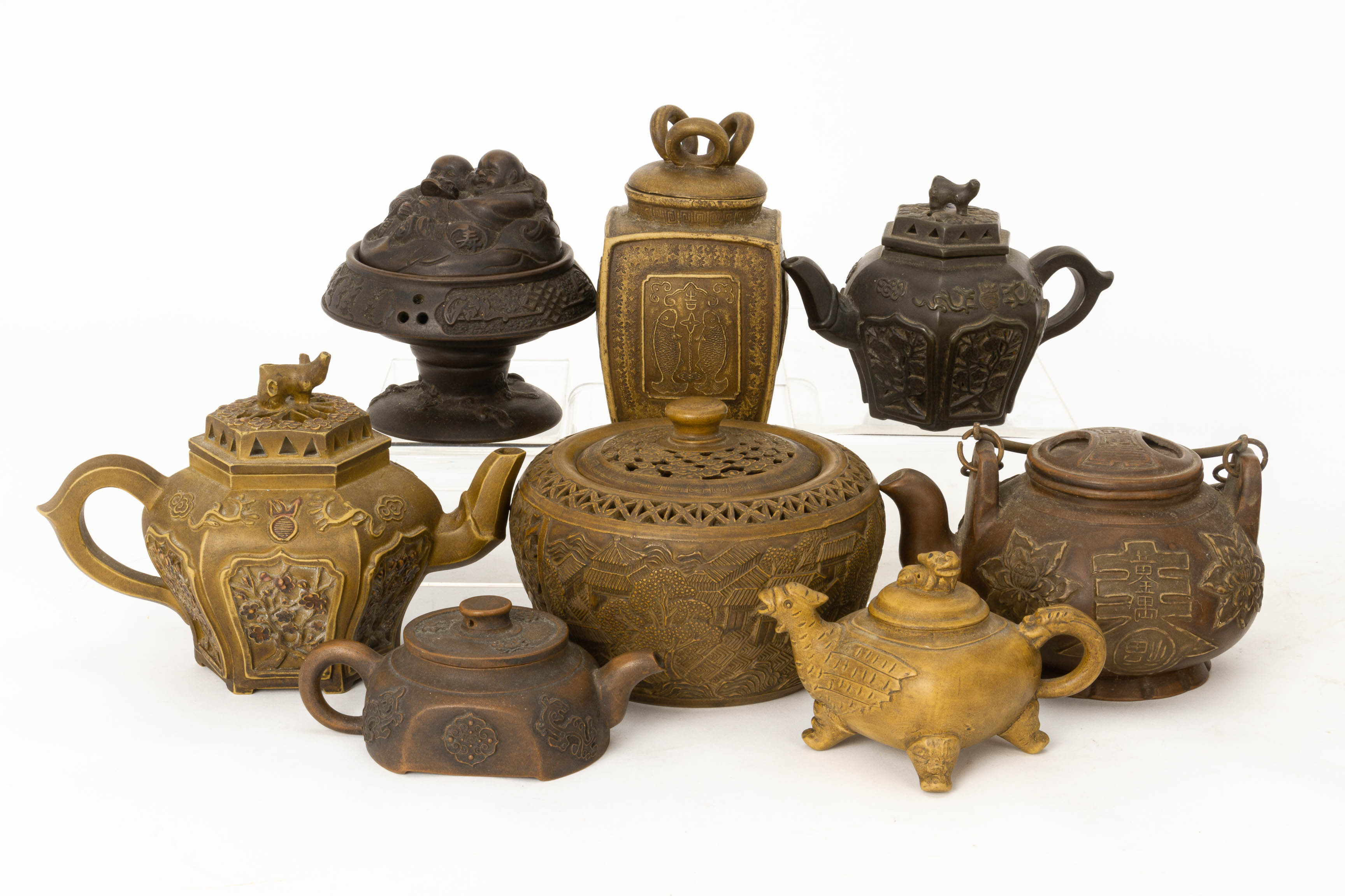 A GROUP OF TWELVE CHINESE POTTERY TEAPOTS AND COVERED BOWLS - Image 2 of 3