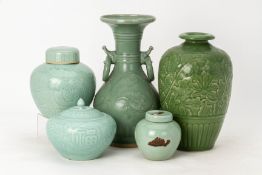 A GROUP OF FIVE CELADON GLAZED VESSELS