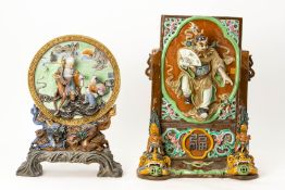 TWO POLYCHROME RELIEF DECORATED TABLE SCREENS