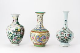 THREE FAMILLE ROSE PORCELAIN VASES