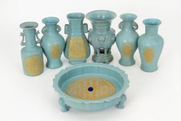 A GROUP OF SEVEN BLUE GLAZED CERAMICS