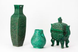 THREE RELIEF MOULDED GREEN GLAZED PORCELAIN ITEMS