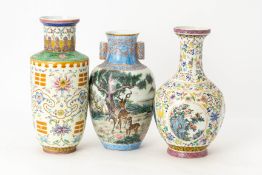 THREE FAMILLE ROSE PORCELAIN VASES