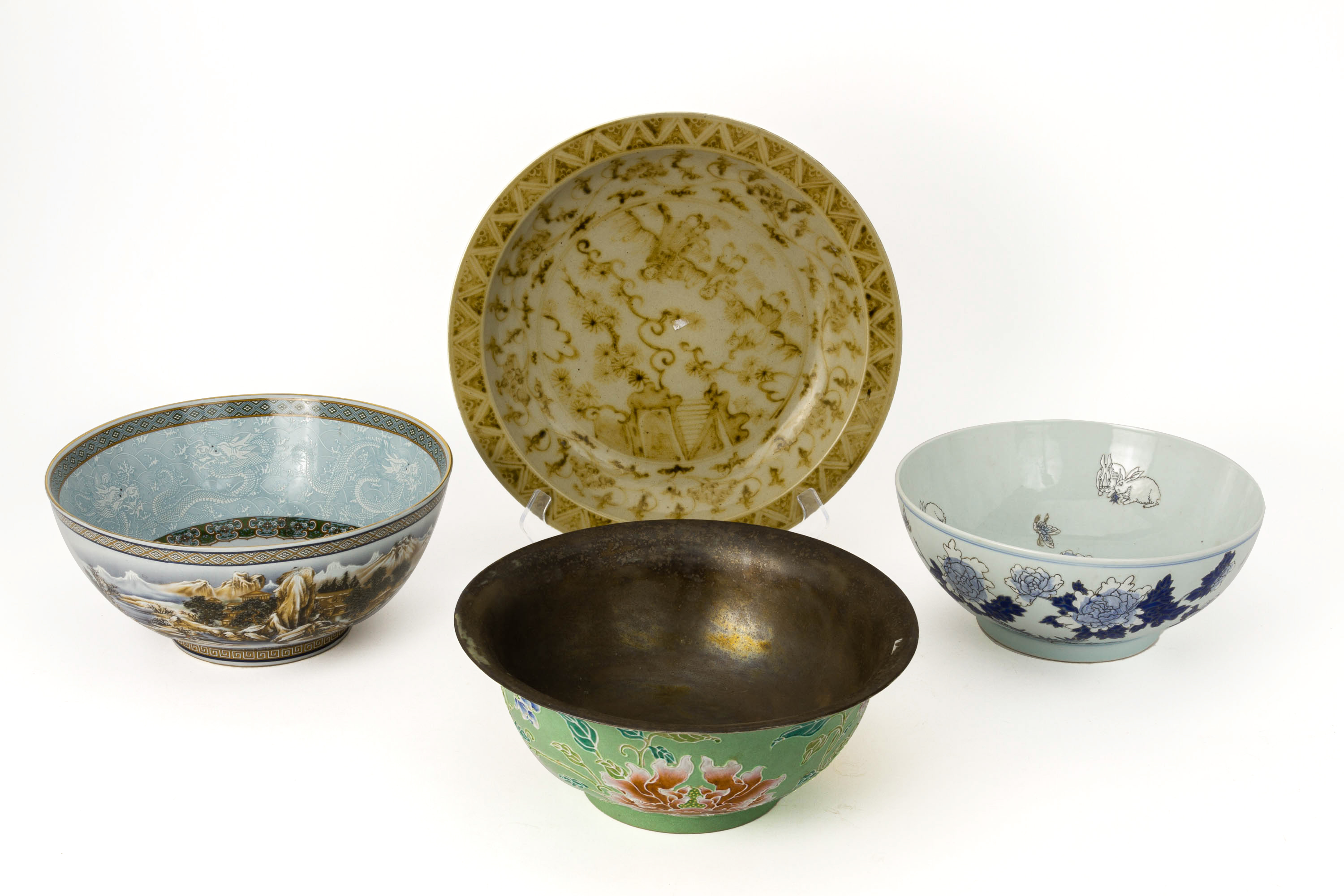 THREE LARGE PORCELAIN BOWLS AND A DISH