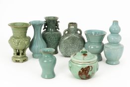 A GROUP OF EIGHT ASSORTED GREEN AND BLUE GLAZED VASES