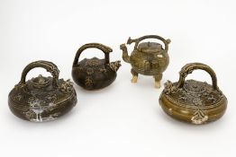 FOUR GREEN GLAZED POTTERY TEAPOTS