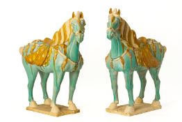 A PAIR LARGE TANG STYLE TURQUOISE SANCAI GLAZED HORSES