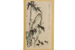 A CHINESE SCROLL OF CHICKS AND BAMBOO