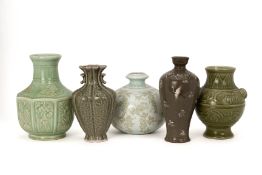 A GROUP OF FIVE CELADON AND SIMILAR CERAMIC VASES
