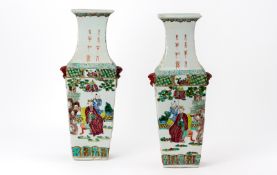 A PAIR OF FAMILLE ROSE SQUARE SECTION VASES