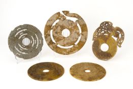 A GROUP OF FIVE ARCHAIC STYLE CARVED STONE BI DISCS