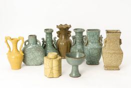 A GROUP OF NINE CRACKLE GLAZED PORCELAIN ITEMS