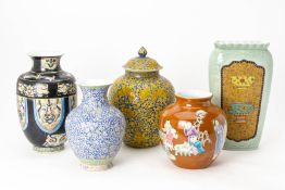 A GROUP OF FIVE POLYCHROME DECORATED PORCELAIN VASES