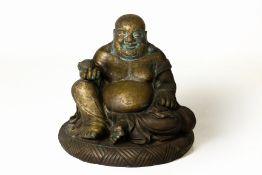 A METALWARE SEATED BUDAI AND A FIGURE HOLDING A LANTERN