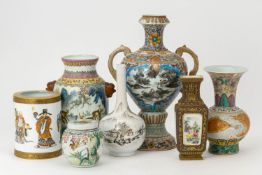 A GROUP OF SEVEN FAMILE ROSE AND OTHER VASES