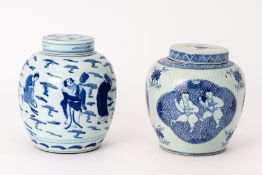 TWO BLUE AND WHITE PORCELAIN GINGER JARS AND COVERS